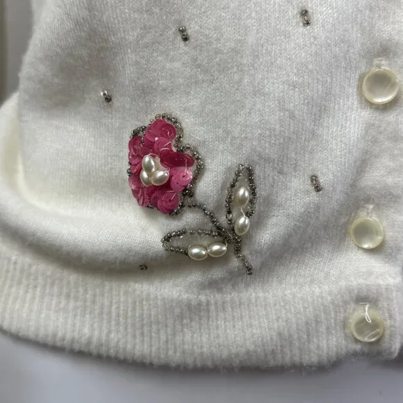 Blairmoor Original Womens Beaded Floral Cardigan Vintage Full Fashioned Cream  M - Picture 6 of 10